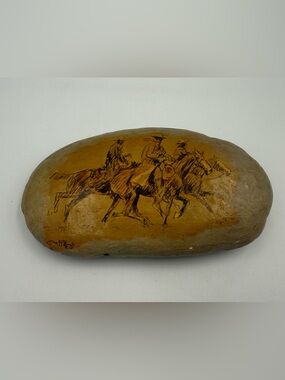 Vintage Signed Hand Painted Western Cowboy Horse Stone Rock